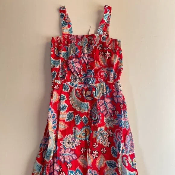 NWT Talbots Midi Flare Cotton Sun Dress Fantastic Paisley Red Pepper Square Smoc